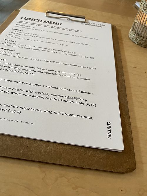 The set daily menu. You don’t have to order from this or you can mix and match.   at Chutnej in Prague