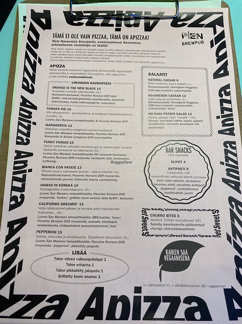 Menu at Pien Brewpub in Helsinki