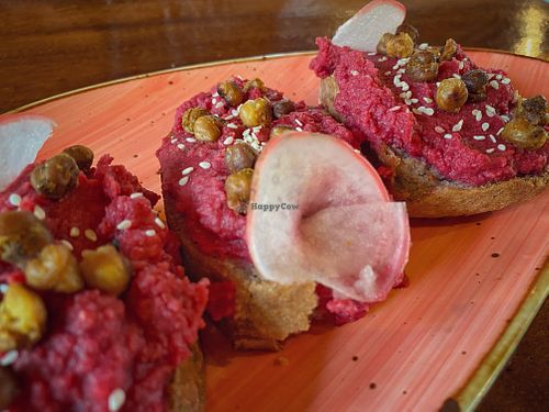 Beetroot hummus on homemade gluten free bread. at AmaSer in Puerto Viejo De Talamanca