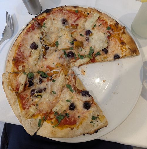 Vegan pizza (artichokes, olives, some other veggies) at Piatti in La Jolla