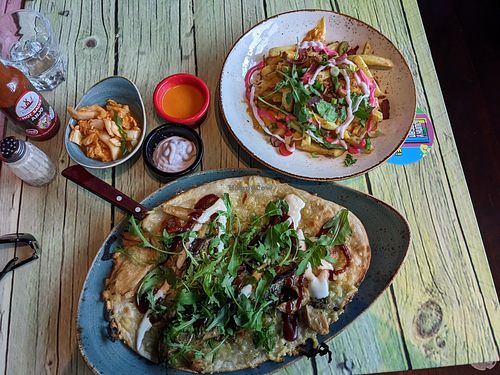 Kimchi, chickles flatbread, loaded fries at Junk y Vegan in Helsinki