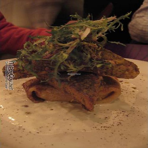 Pistachio and pepper dusted tofu.  Had an interesting white sauce at the bottom, my husband loved it and my friend and I didn't care for it!  at V Note in New York City