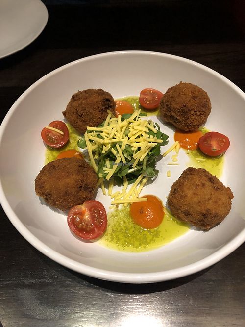 Leek Parmesan & walnut crochets  at The Music Cafe in Stratford-upon-avon