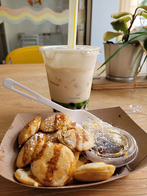 Creme brulee boba and Mom's favorite cereal mini pancakes at Coconut Whisk in Minneapolis