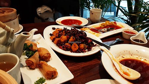 Spring rolls and chilli chicken.  at Tofu Vegan - Islington in North London