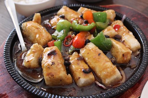 Sizzling fried tofu in a black bean sauce. 
I’d suggest a side of rice with this. at Tofu Vegan - Islington in North London