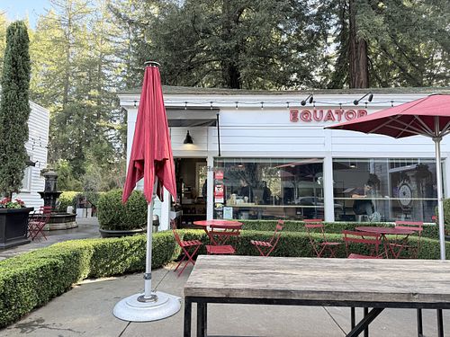 Exterior with outdoor seating, amongst the trees   at Equator Coffees in Larkspur