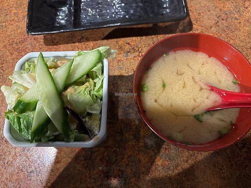 Salad and miso soupp  at Waraji Japanese Restaurant in Raleigh