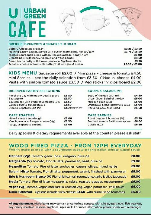 Food menu at Urban Green Cafe in Newcastle Upon Tyne