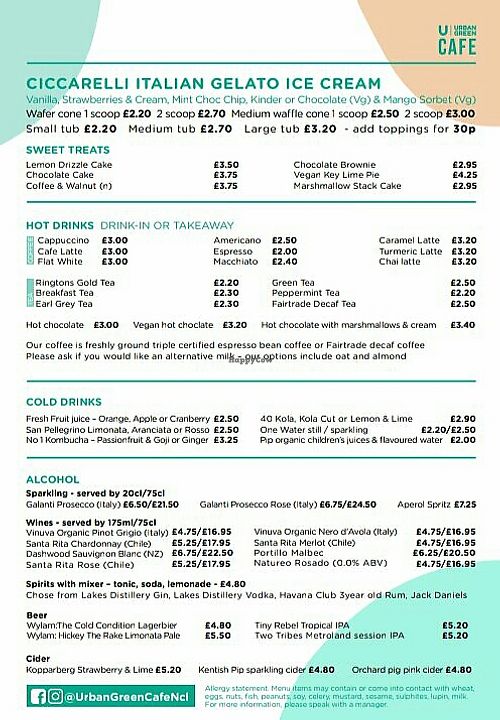 Drinks menu at Urban Green Cafe in Newcastle Upon Tyne
