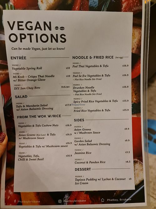 Menu at Phat Boy in Brisbane