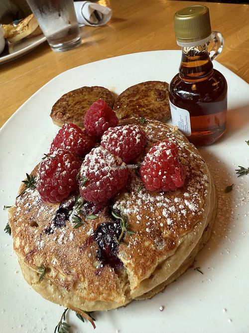 Oatmilk vegan pancakes and maple vegan sausage for the win!  at Silver in Chevy Chase