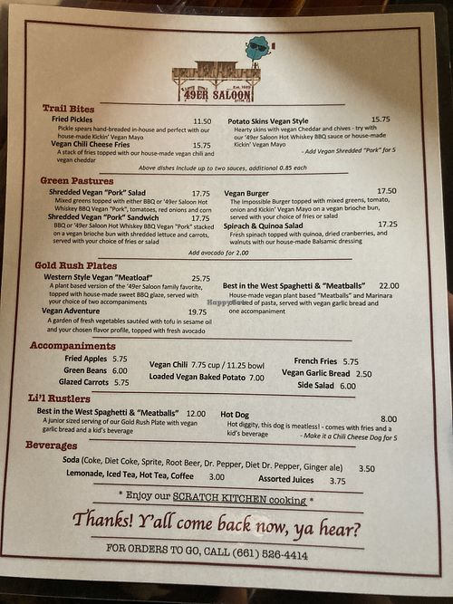 Full Vegan Menu  at '49er Saloon in Acton