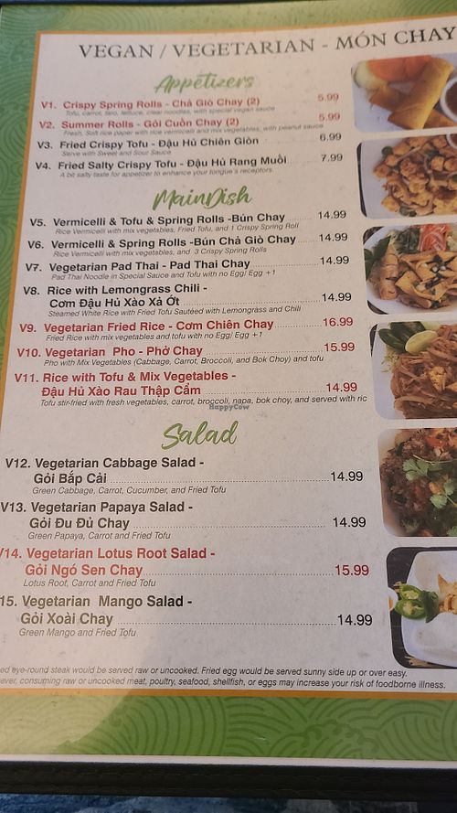 Vegan/veg menu at Pho-Nomenal in Ashburn
