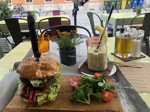 Quinoa kale burger with avocado smoothie  at Bookeria in Rovinj
