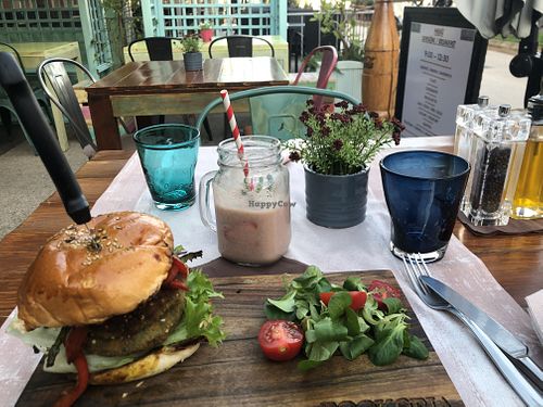 Quinoa kale burger with fruit smoothie and side salad at Bookeria in Rovinj