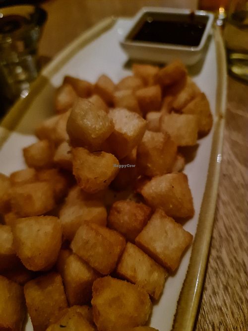 Cassava popcorn:
crispy popcorn style colombian cassava w/ adobo seasoning and barbequed guava at Temple Brewpub  in Brunswick East