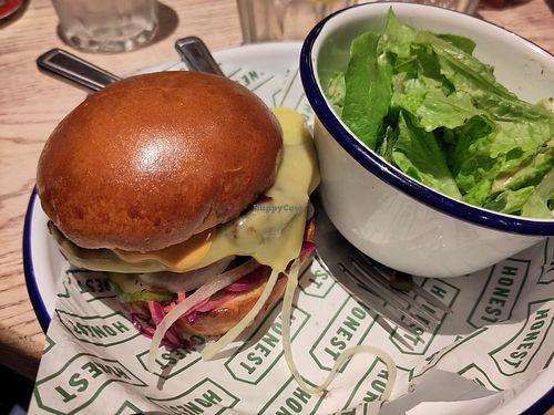 Vegan burger and salad at Honest Burgers in South East London