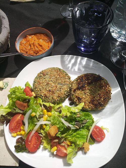 Veggie burger de espinacas con ensalada y romesco at El Molí de les Pipes in Arbucies