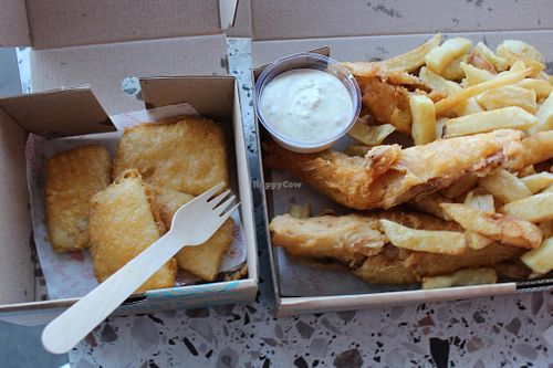 battered banana blossom and battered tofu - vegan   at Beach Buoys in Margate