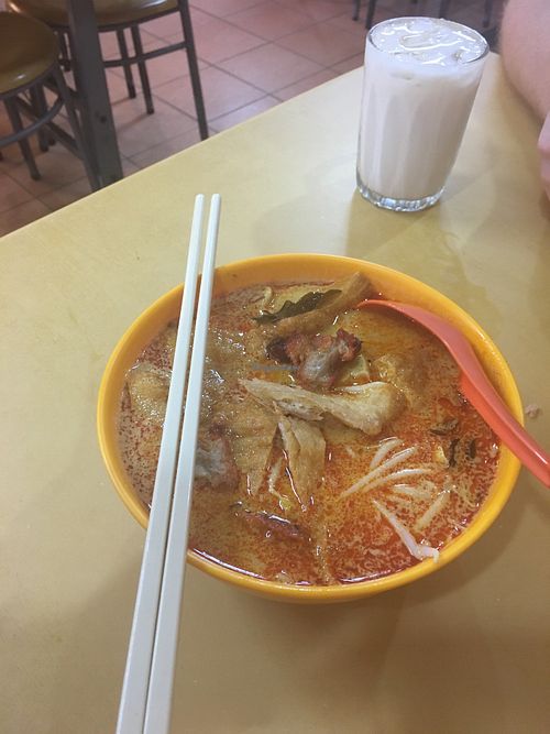 Vegan curry mee and soya milk with ice  at Loving Garden in Seri Kembangan