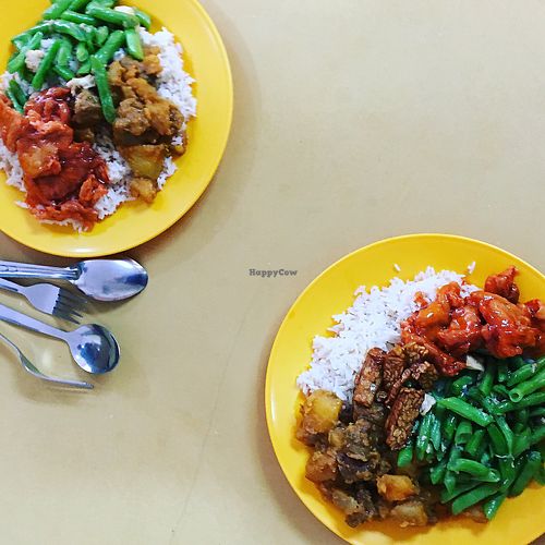 Potato and "meat" curry, sweet and sour tofu, greens, tempeh at Loving Garden in Seri Kembangan