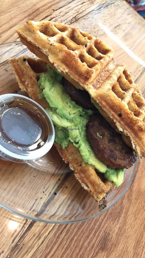 "breakfast sandwich" - veggie sausage and avo on gluten free waffle   at Downtown Grind in Elmira
