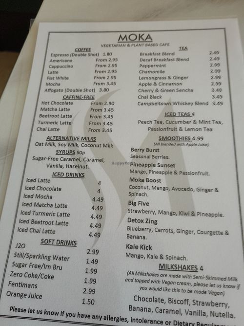 Menu at Moka  in Ardrossan