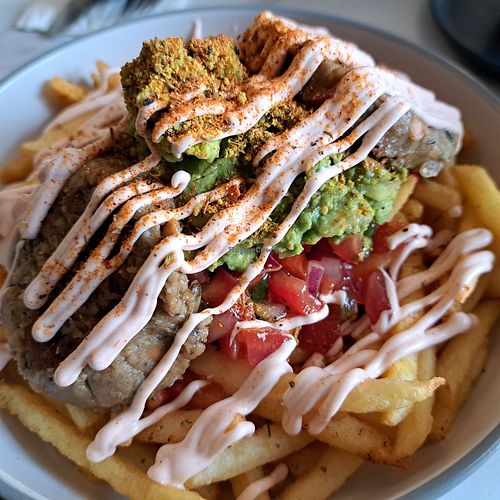 Loaded fries with added veggie haggis at Moka  in Ardrossan