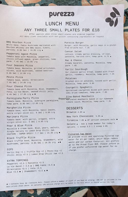 Menu at Purezza in Manchester