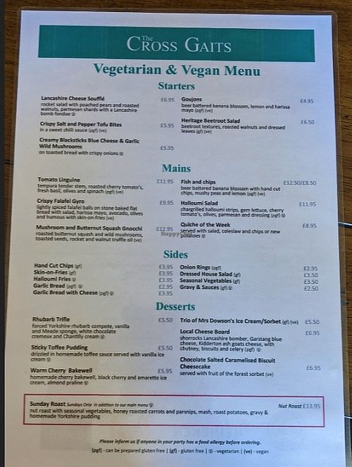 Vegan options at The Cross Gaits in Blacko