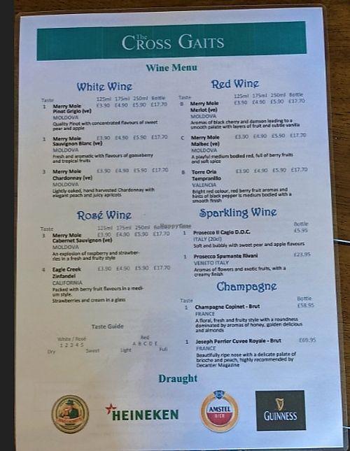 Vegan drinks list at The Cross Gaits in Blacko