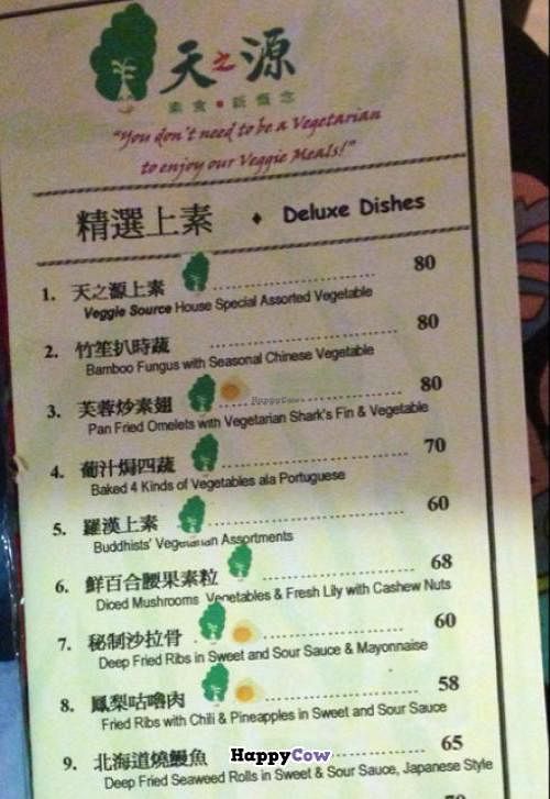 Veggie Source Restaurant - menu 1 at Veggie Source Restaurant in Hong Kong Island