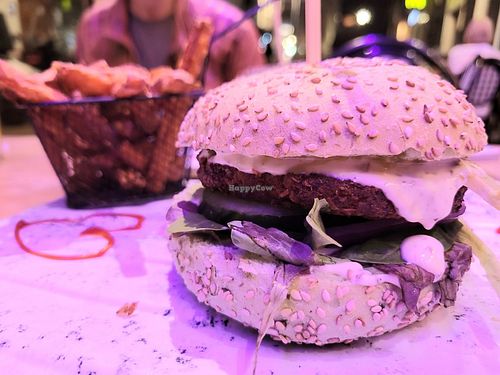 Falafel burger with sweet potato fries at Vegan Temple Bar in Amsterdam