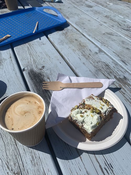 Soya latte & vegan carrot cake at Penrallt Garden Centre in Cardigan