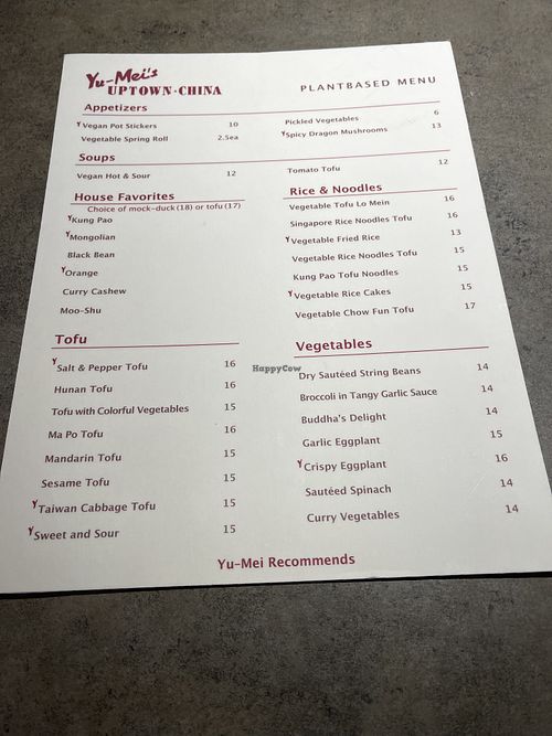 Vegan menu  at Uptown China Restaurant in Seattle