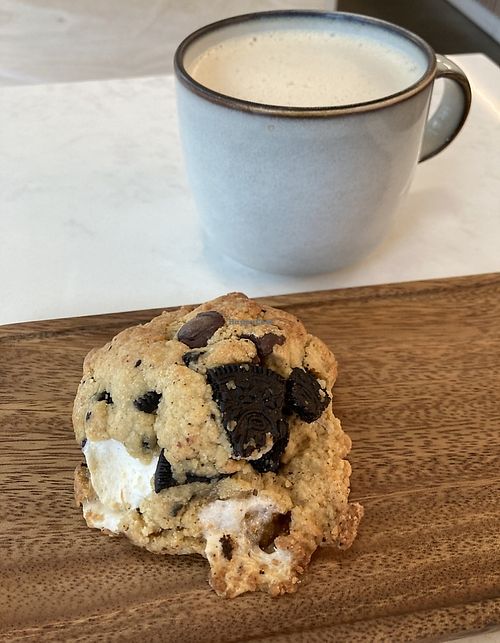 S’mores cookie & hojicha latté  at Whisk Matcha Cafe in Vancouver