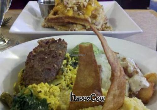 Sunday Sooner (must have) and Waffles in the backdrop at Laughing Seed Cafe in Asheville