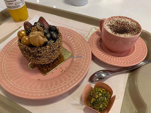 Capuccino, “cumbuca red velvet and brigadeiro at Renata Dias Vegan Patisserie in Brasilia