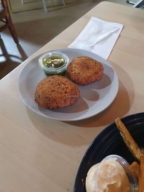 Arepas were very tasty, though they do contain dairy (cheese). Falafel (and possibly they lion's mane 'crab' cakes) should be vegan though. at Kettle Lake Kitchen in Meadville