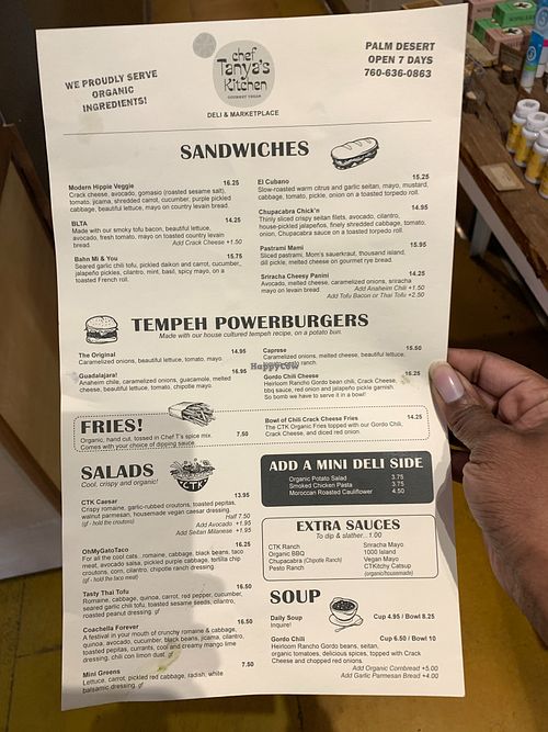 Front of menu at Chef Tanya's Kitchen in Palm Desert
