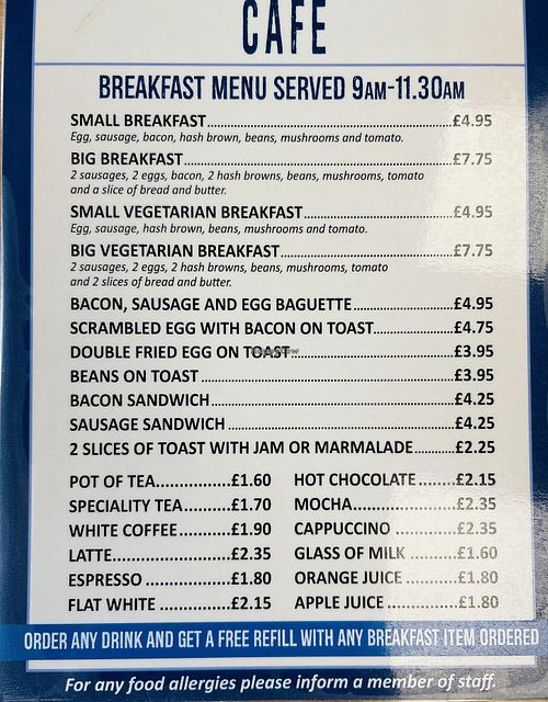 Breakfast menu at The Old Police Station Cafe in Yelverton