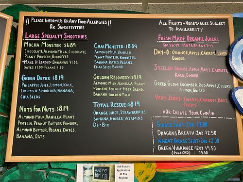 Juice & specialty smoothie menu. at Farmer's Natural Foods in Hinesville