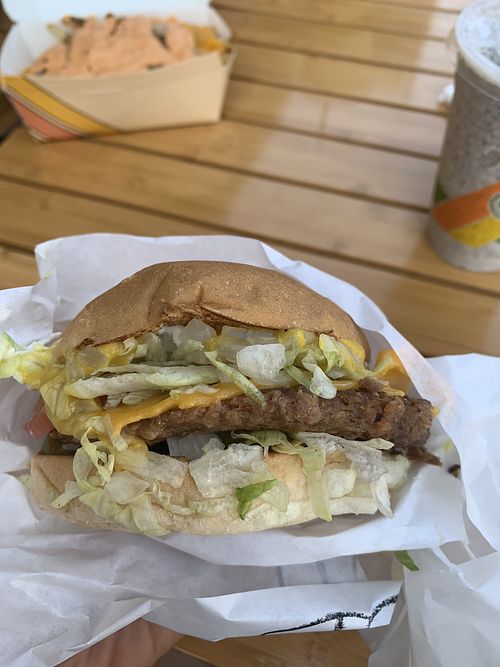 Classic burger at Plant Power Fast Food in Sacramento