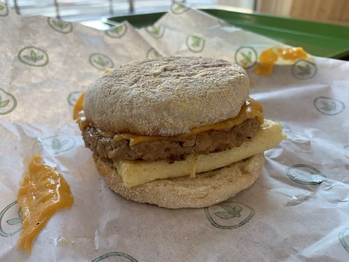 English muffin breakfast sandwich   at Plant Power Fast Food in Sacramento