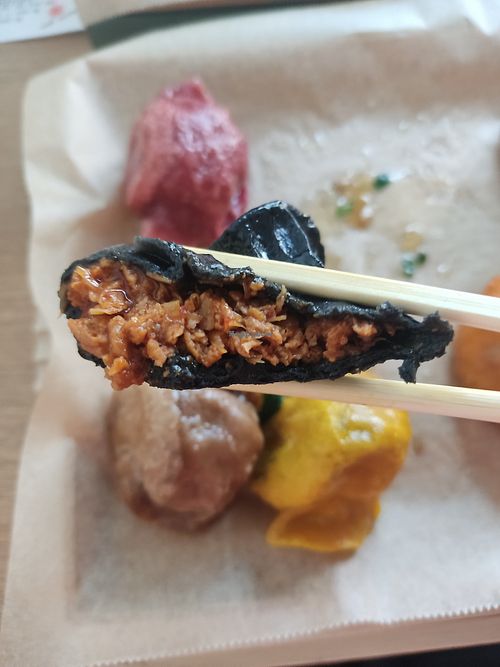 Inside another gyoza at Vegan Gyoza Yu Cafe in Tokyo