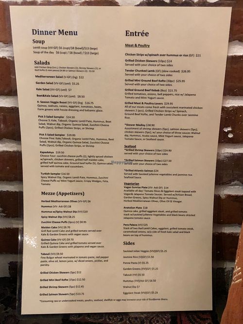 Dinner menu at Pasha Mezze in Norfolk