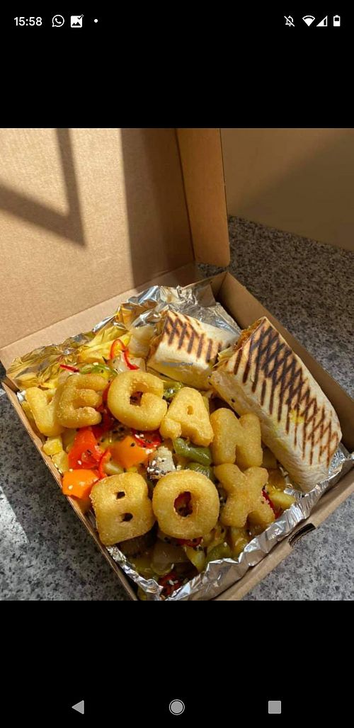 Vegan loaded fries box - goujon wrap with nuggets, cheese, fries, peppers, onions, curry sauce and alphabites! at The Picnic Basket in Prestwick
