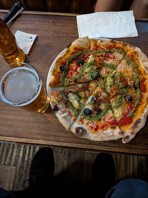 Pizza was artichoke, olives, and pesto! at Clissold Park Tavern in North London