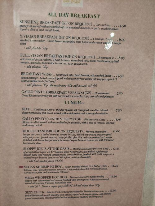 Menu at The Oasis Plant Based Eatery in Paignton